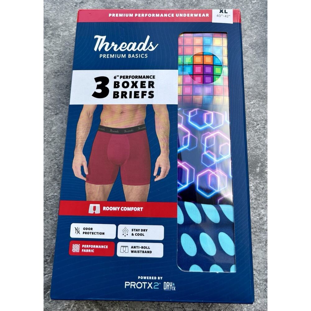 Threads Mens Performance Boxer Briefs 3-Pack 6” Nylon Boxer Brief. Size X-Large